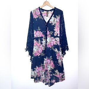 Aratta Silent Journey Floral Velvet Kimono Style Sleeve| Dress Navy Pink Size M